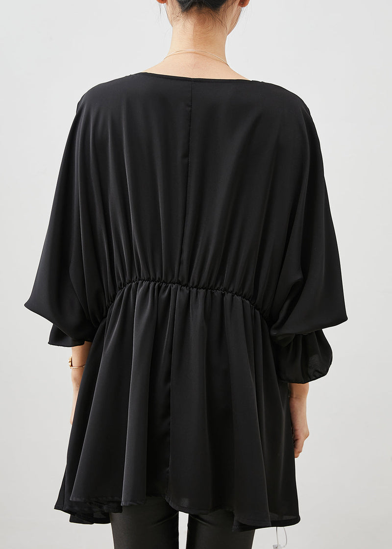 Black Tasseled Exra Large Hem Chiffon Shirt Top Spring