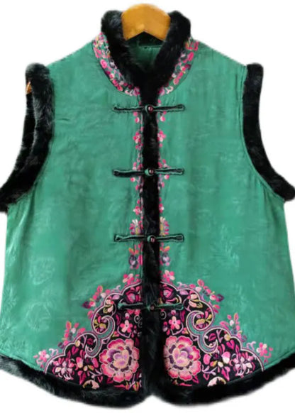 Chinese Style Green Rabbit Hair Collar Embroideried Thick Cotton Waistcoat Sleeveless
