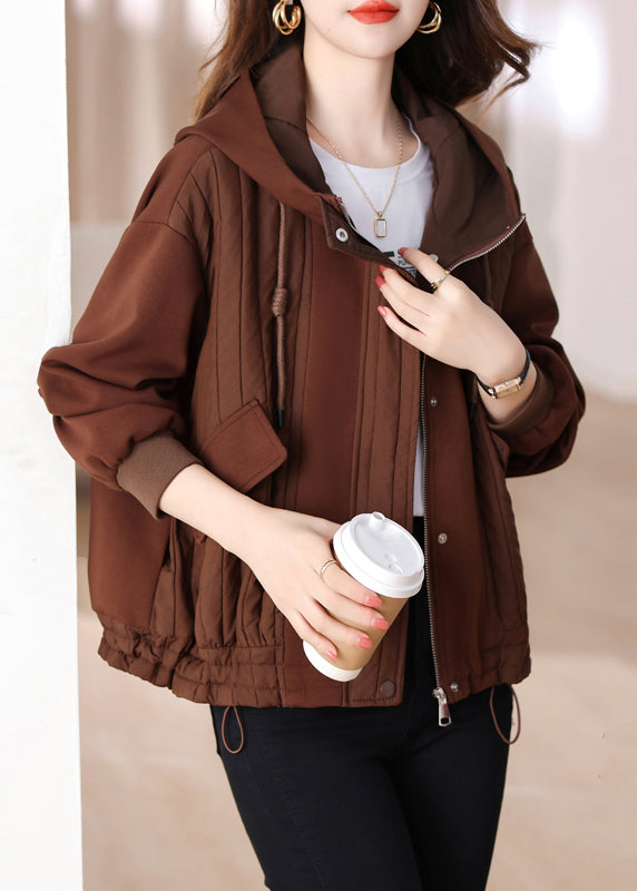 Coffee Patchwork Cotton Hoodie Coat Drawstring Winter