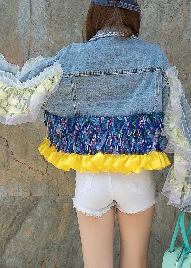 Blue Peterpan Collar Button Patchwork Sequins Fall Denim Long Sleeve Coat