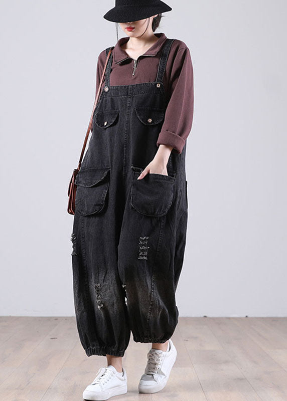 Black Pockets Button Fall Hole Denim Outfits Rompers