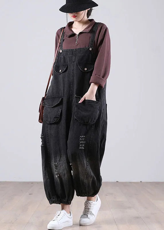 Black Pockets Button Fall Hole Denim Outfits Rompers