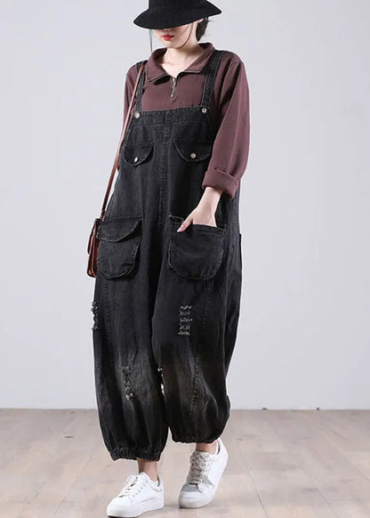 Black Pockets Button Fall Hole Denim Outfits Rompers