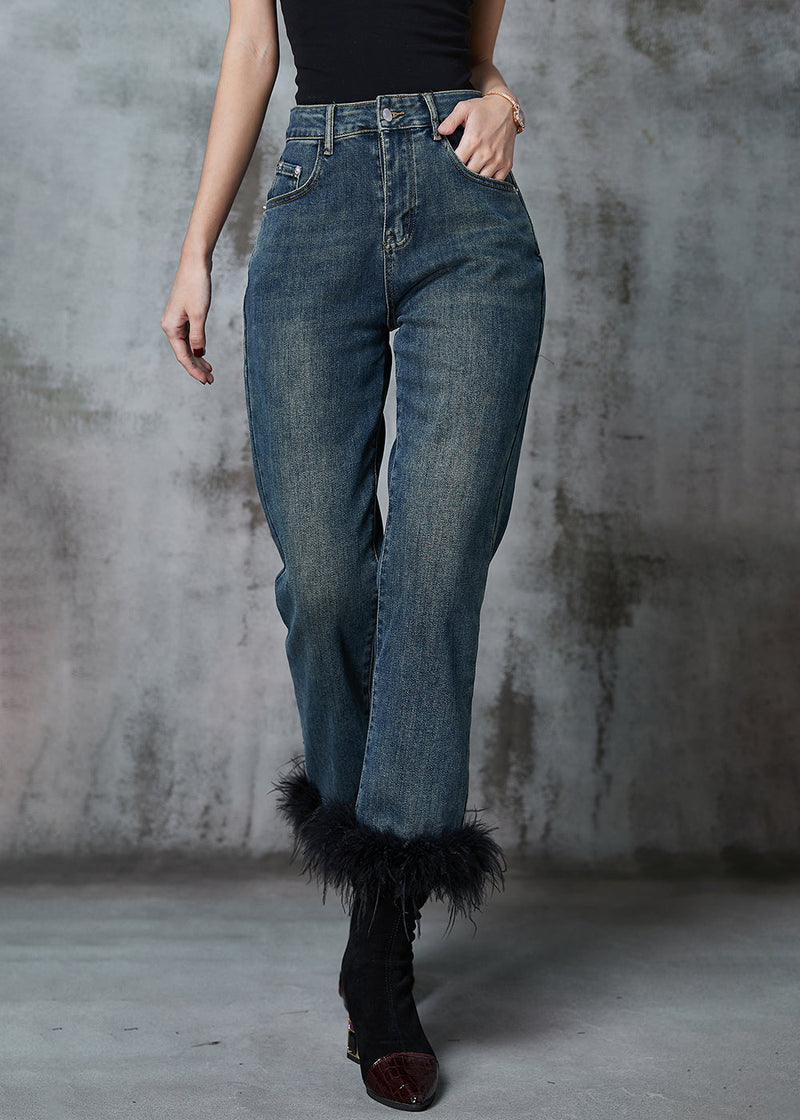Navy Patchwork Feather Denim Pants Trousers Spring