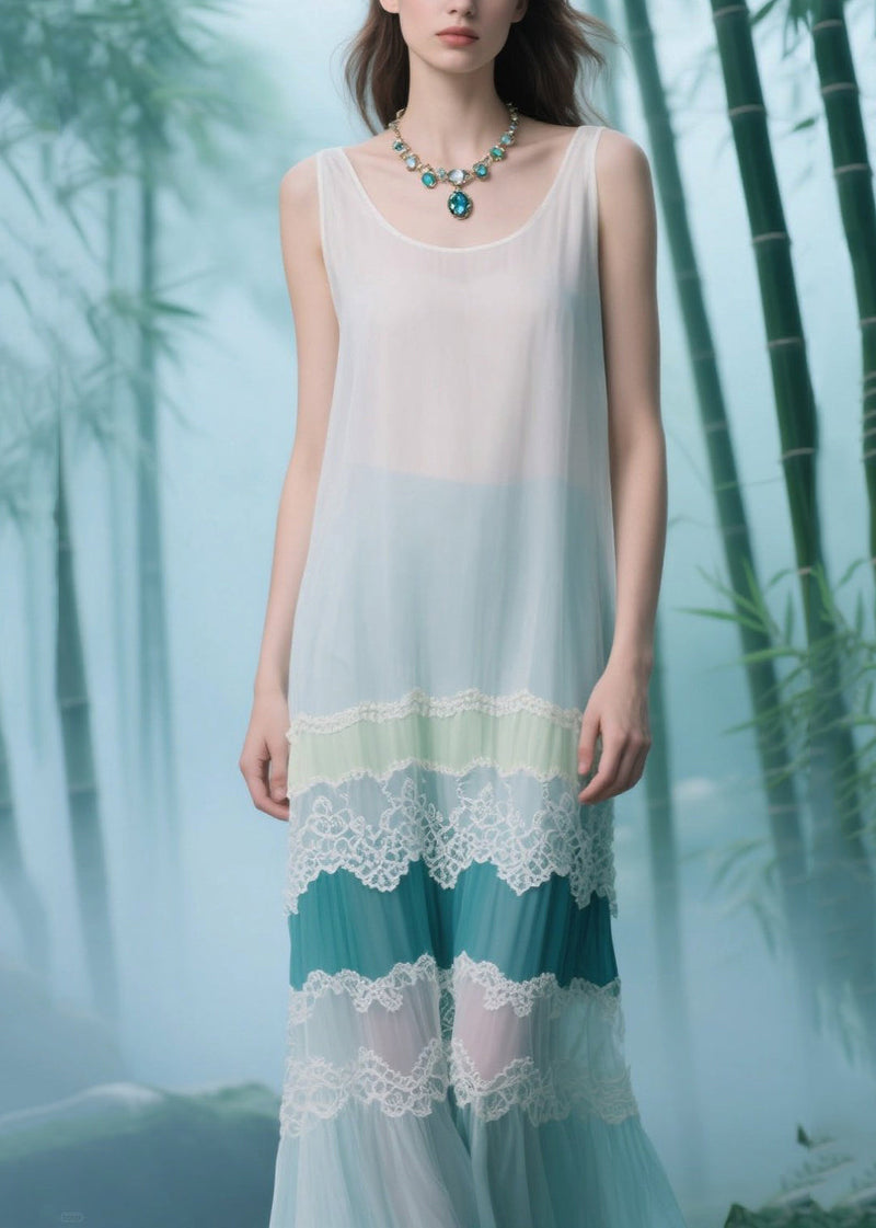 Natural White Patchwork Lace Tulle Long Dresses Sleeveless