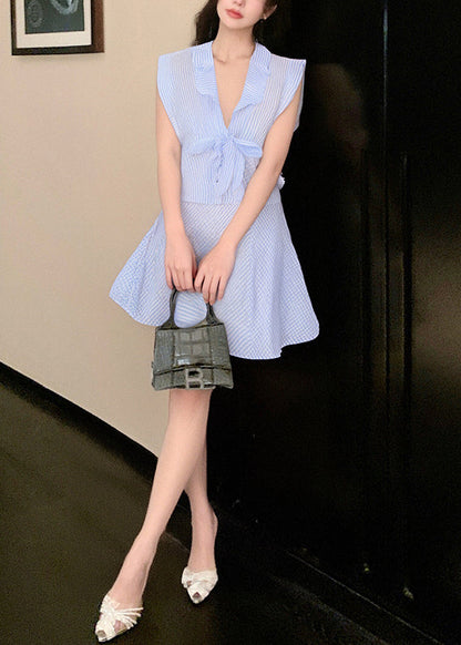 New Blue V Neck Lace Up Tops and Skirts Cotton Two Pieces Set Summer