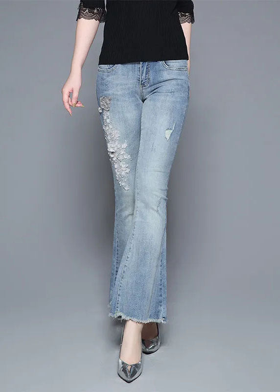 Light Blue High Waist Nail Bead Applique Cotton Denim Flare Pants Summer