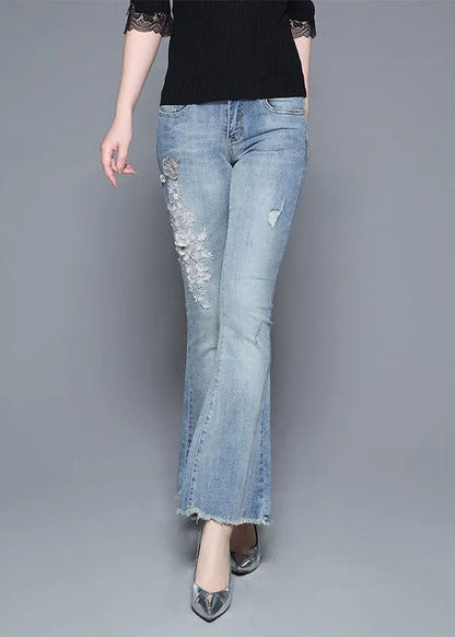 Light Blue High Waist Nail Bead Applique Cotton Denim Flare Pants Summer
