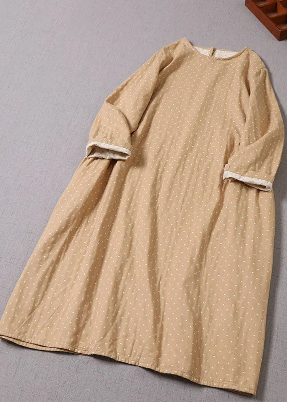 Apricot O-neck Pockets Cotton Dress Spring
