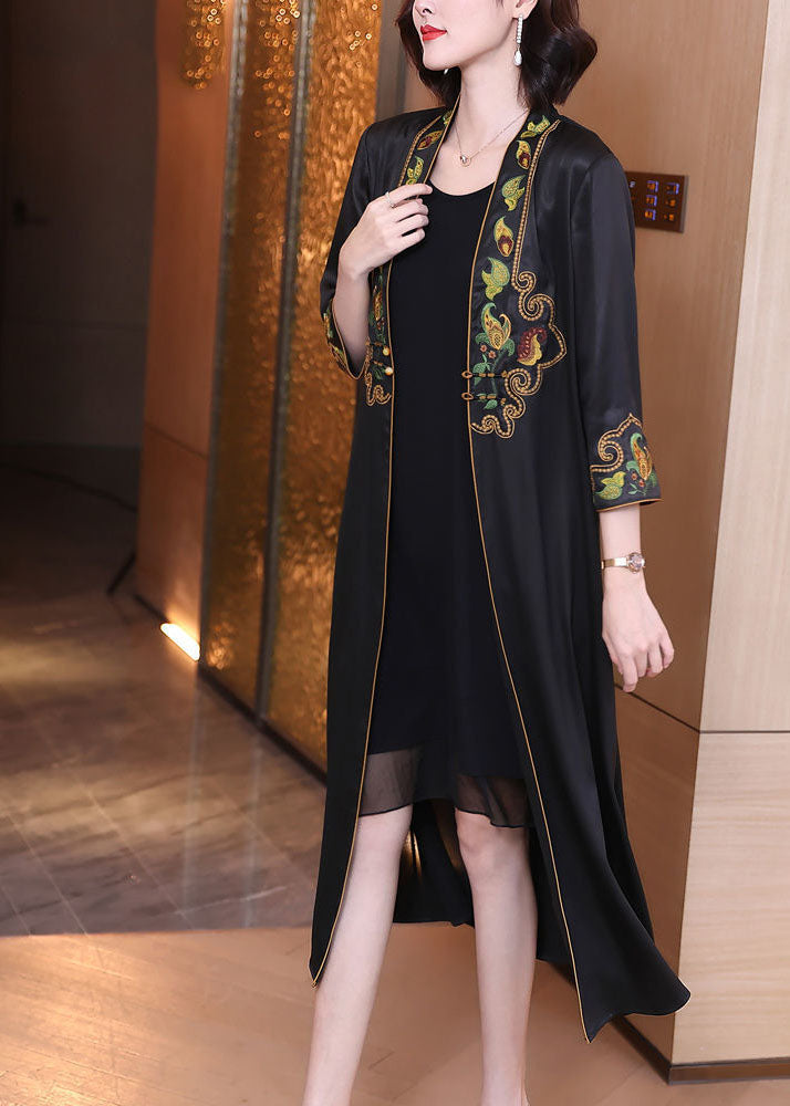 Black V Neck Print Draping Silk Long Cardigans Bracelet Sleeve