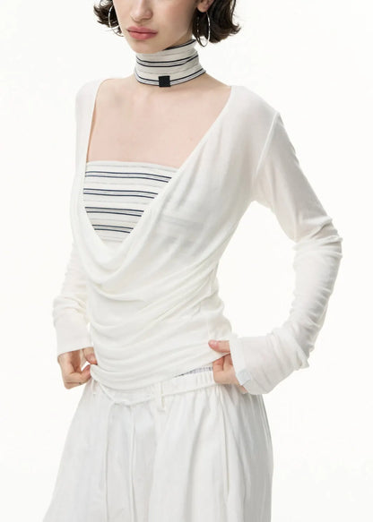White Striped Slim Fit Cotton Two Pieces Set V Neck