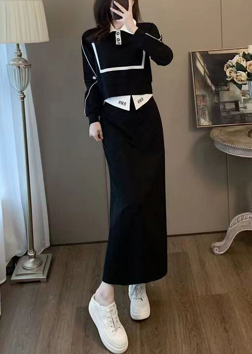 Black Peter Pan Collar High Waist Cotton Two Pieces Set Spring