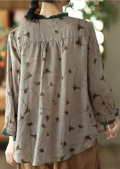 Grey Neck Tie Print Ramie Tops Long Sleeve