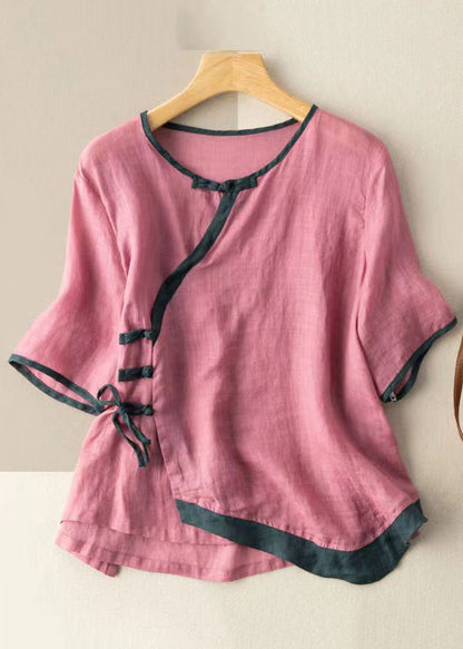 Pink Asymmetrical Button Patchwork Cotton Shirt Summer