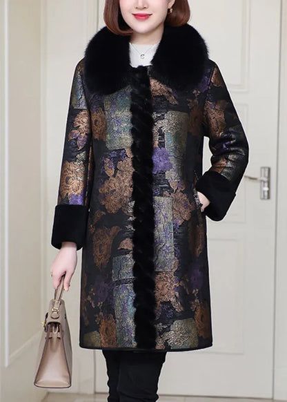 Loose Purple Fur Collar Pockets Leathe and Fur Coats Spring
