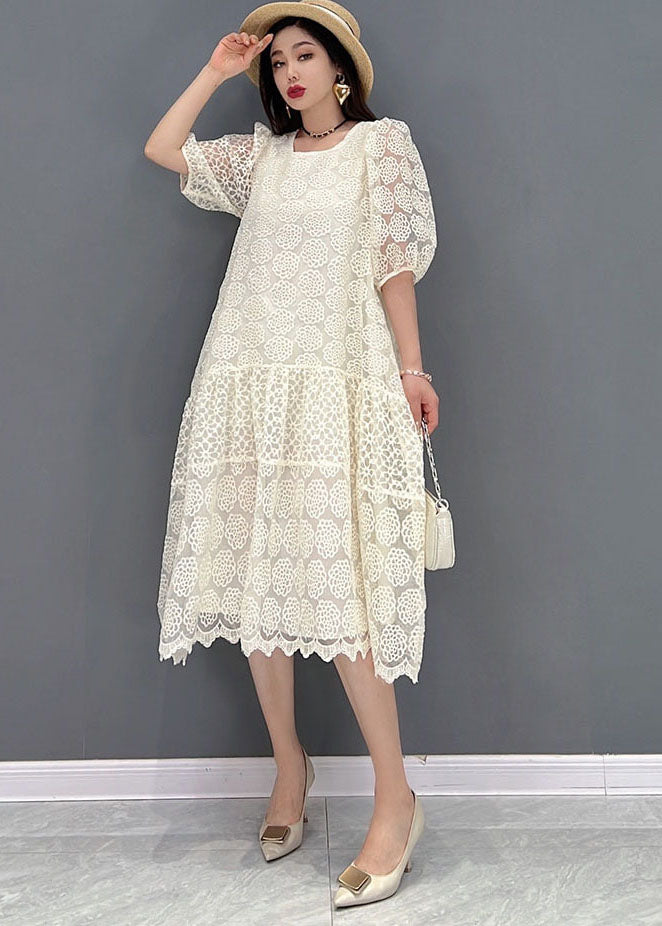 Boutique White O-neck Patchwork Lace Long Dress Half Sleeve