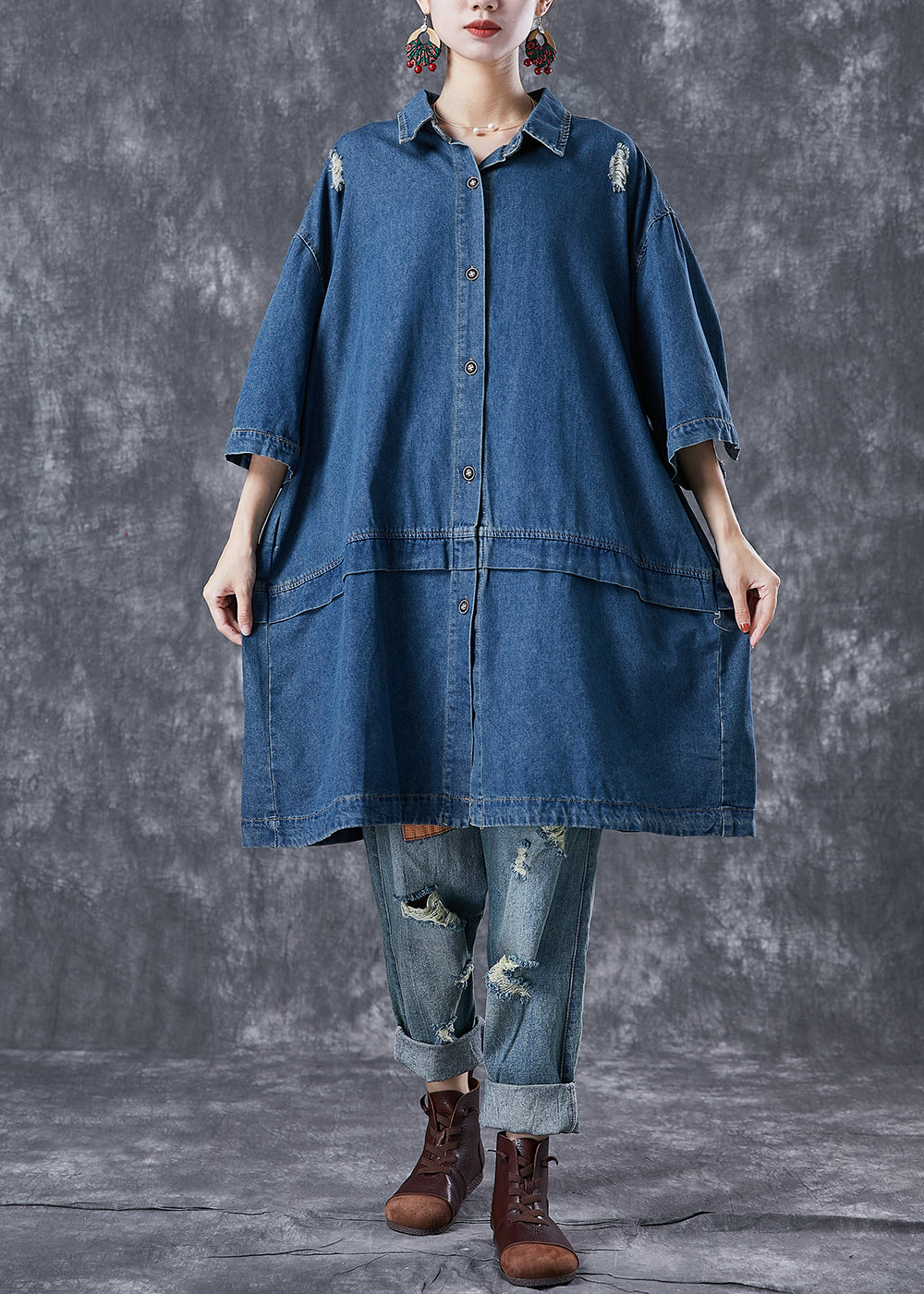 Navy Oversized Patchwork Denim Ripped Trench Coats Bracelet Sleeve