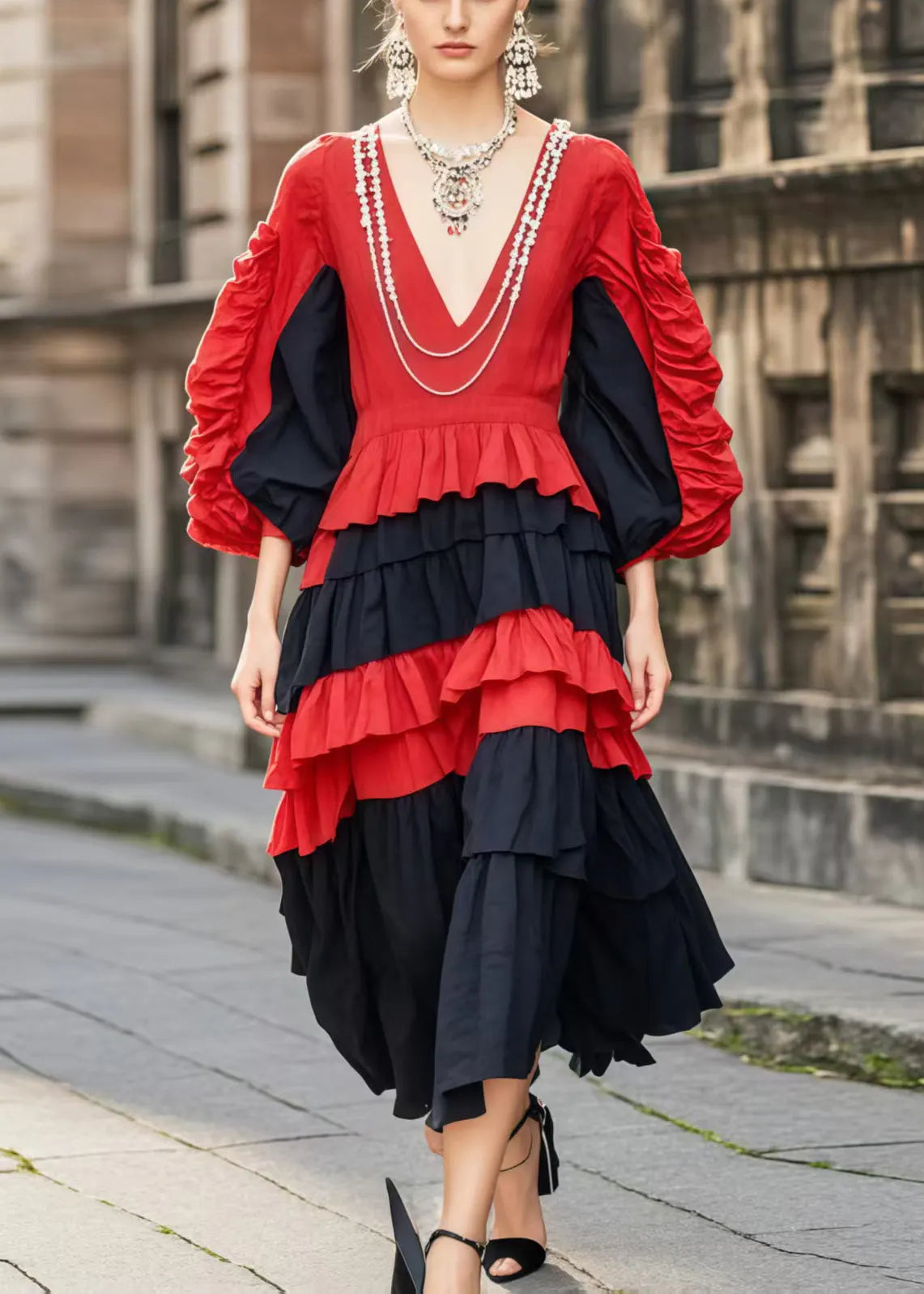 Colorblock V Neck Patchwork Wrinkled Cotton Dress Spring