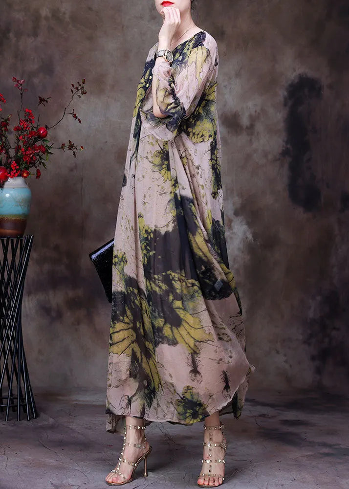 Natural Yellow V Neck Print Chiffon Long Dress and Cotton Spaghetti Strap Dress Sets 2 Pieces Half Sleeve