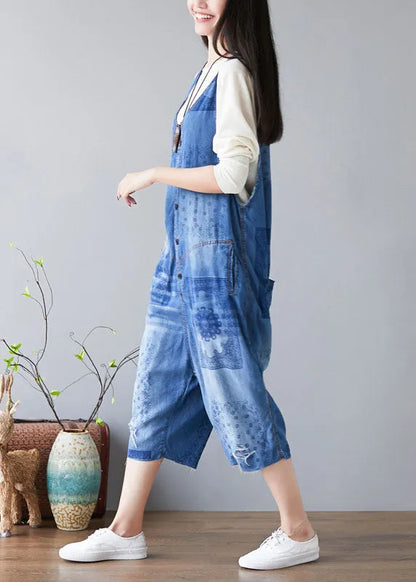 Handmade Light Blue Pockets V Neck Print Jumpsuit Spring