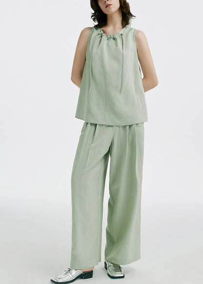 Natural Light Green O-neck Drawstring Silk T Shirts and Wide Leg Pants Two Pieces Set Summer