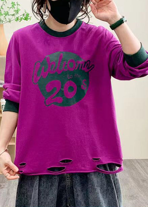 Purple Hole Print Cotton Tops Long Sleeve