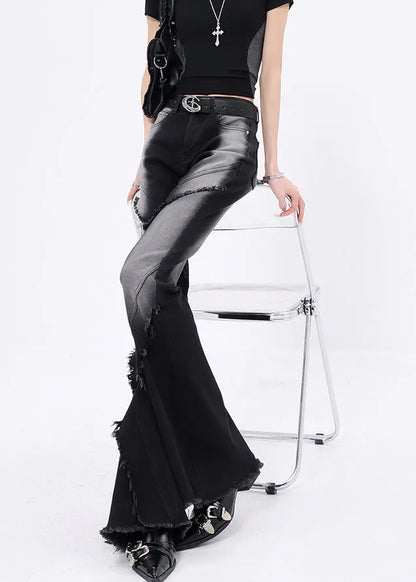Stylish Black Tasseled Pockets Patchwork Denim Flared Trousers Fall