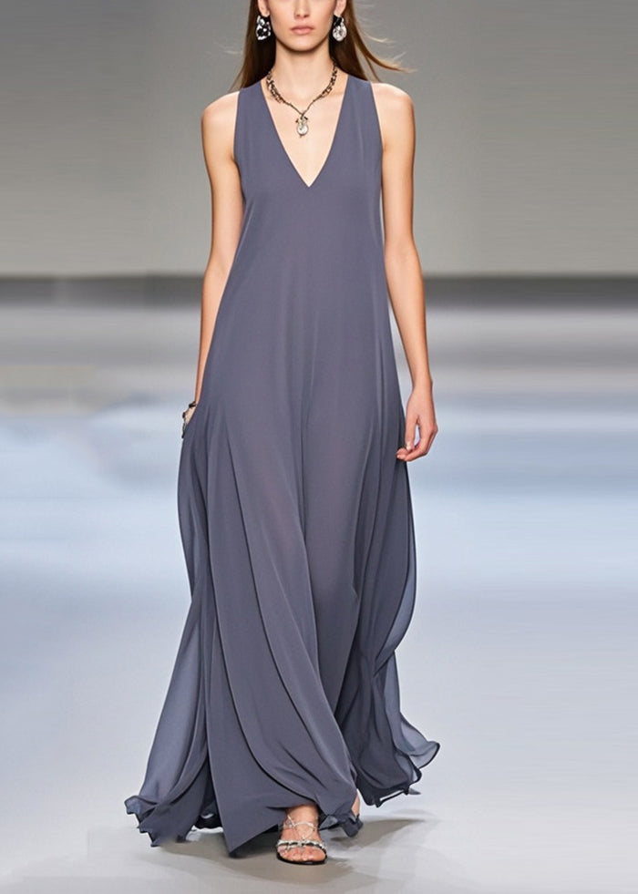 Grey Exra Large Hem Draping Chiffon Long Dresses Sleeveless Summer