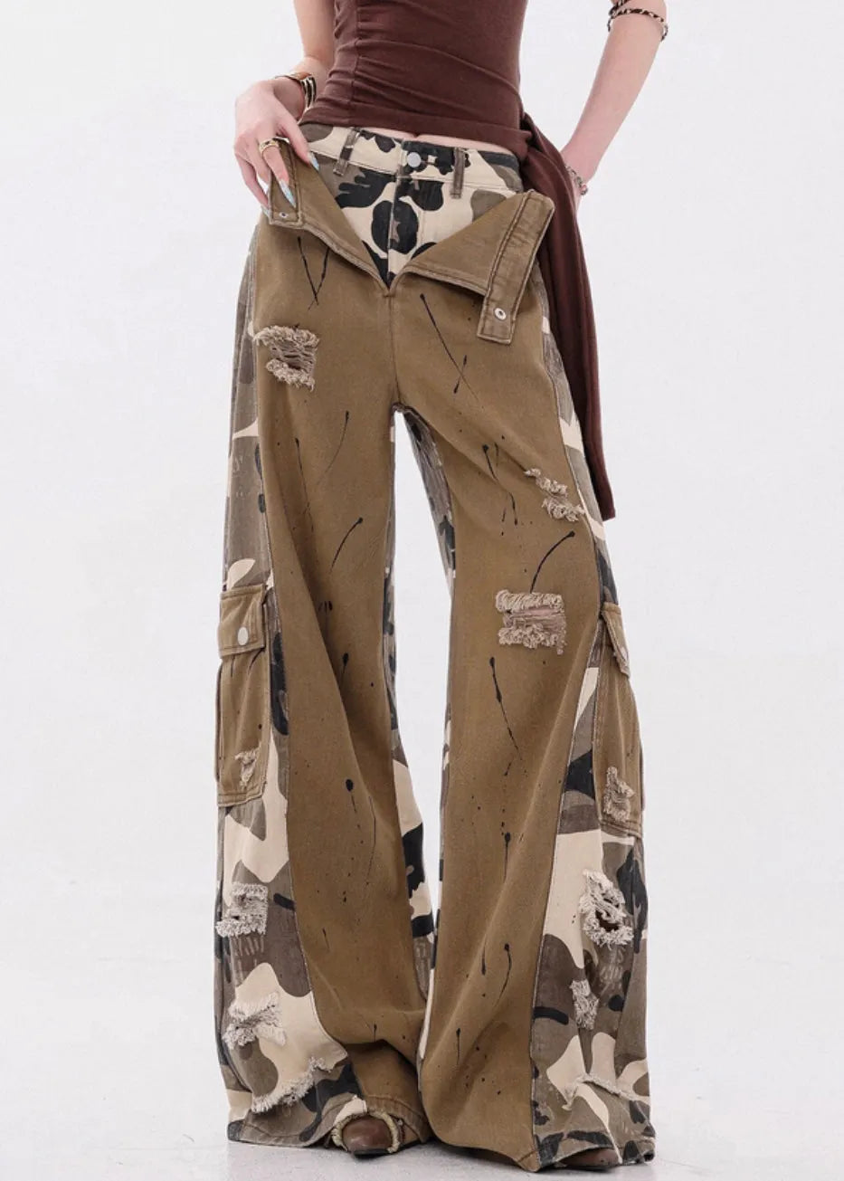 Camouflage Pockets False Two Pieces Patchwork Denim Pants Fall