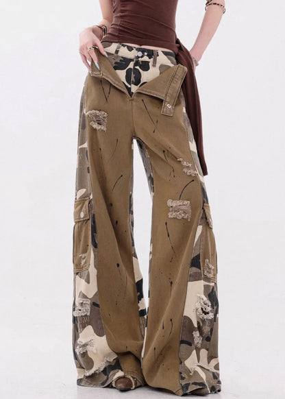 Camouflage Pockets False Two Pieces Patchwork Denim Pants Fall