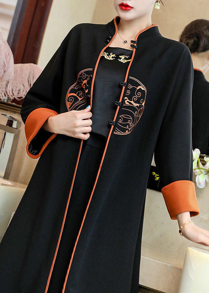 Black Stand Collar Embroideried Patchwork Cotton Two Piece Set Outfits Fall