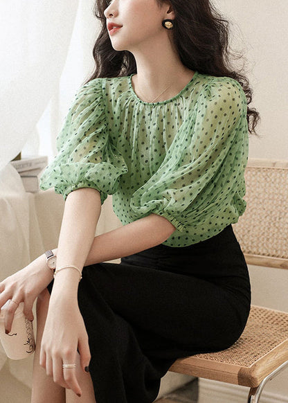 Green O Neck Print Chiffon Two Pieces Set Half Sleeve