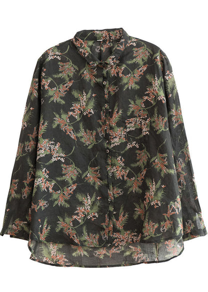 Black Print Button Linen Shirt Tops Spring