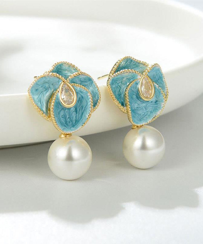 Blue Copper Alloy Pearl Enamel Drop Earrings