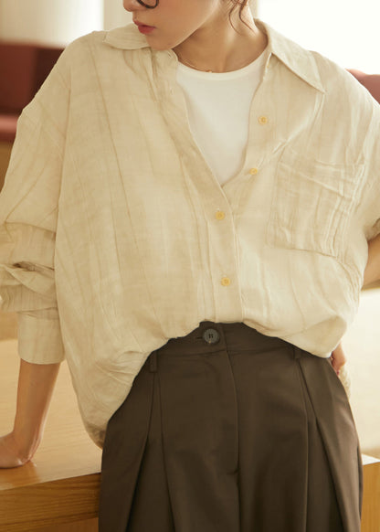 Apricot Peter Pan Collar Wrinkled Button Shirts Long Sleeve