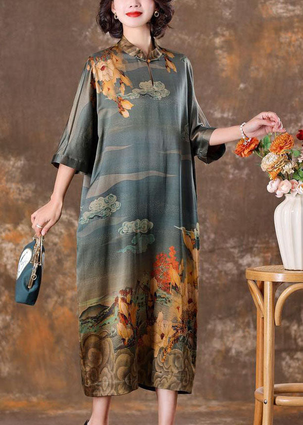 Grey Mandarin Collar Print Silk Long Dress Caftan Half Sleeve