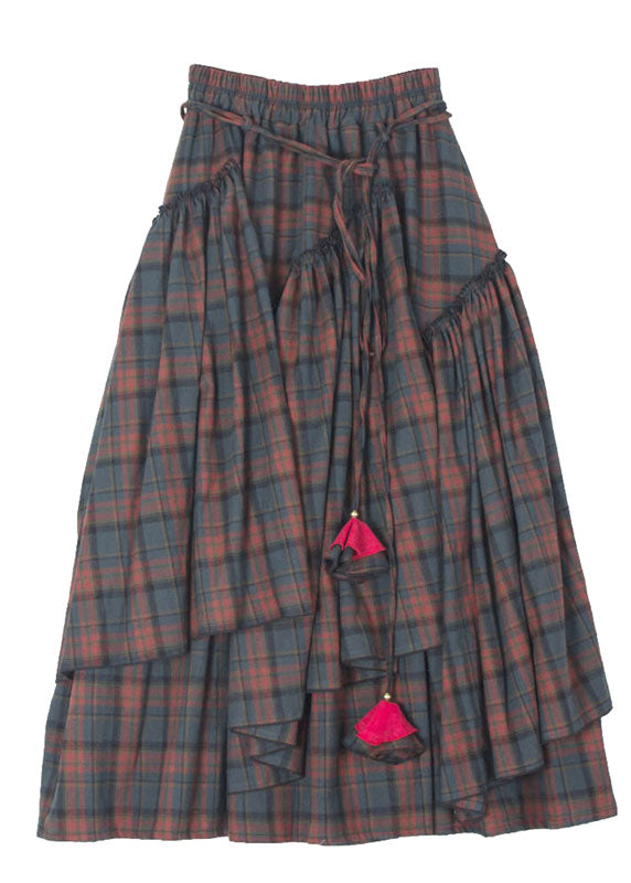 Blue Red Plaid Patchwork Wrinkled Tie Waist Maxi Skirts