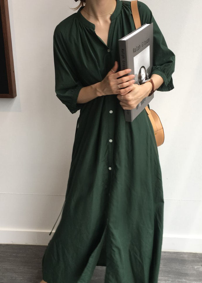 Tea Green Side Open Cotton Shirt Long Dress Half Sleeve