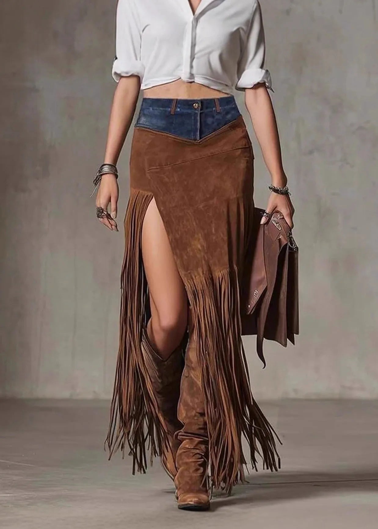 Chocolate Tassel Patchwork Faux Suede Skirt Spring
