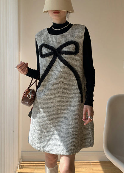 Light Grey Zippered Pockets Cotton Two-piece Set Bow Winter