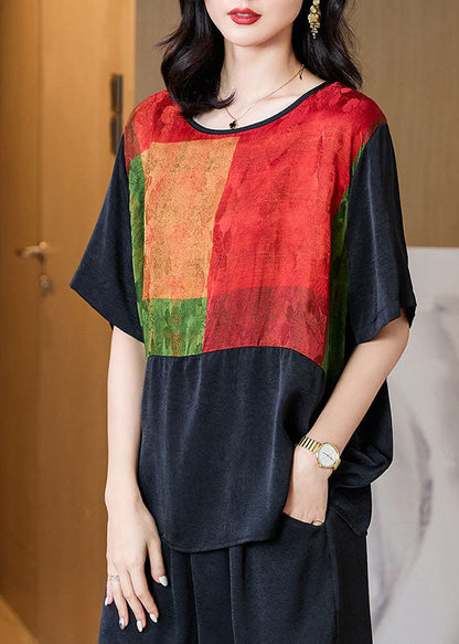 Black O Neck Print Patchwork Silk T Shirt Tops Half Sleeve