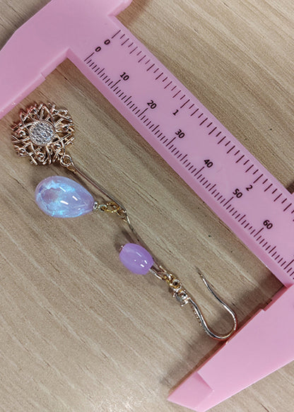 Style Purple Water Droplet Beads Sunflower 14k Gold Drop Earrings