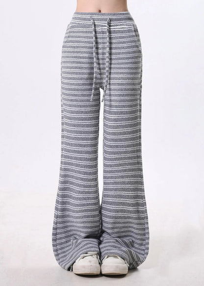 Grey Striped Cotton Bell-bottom Trousers Spring