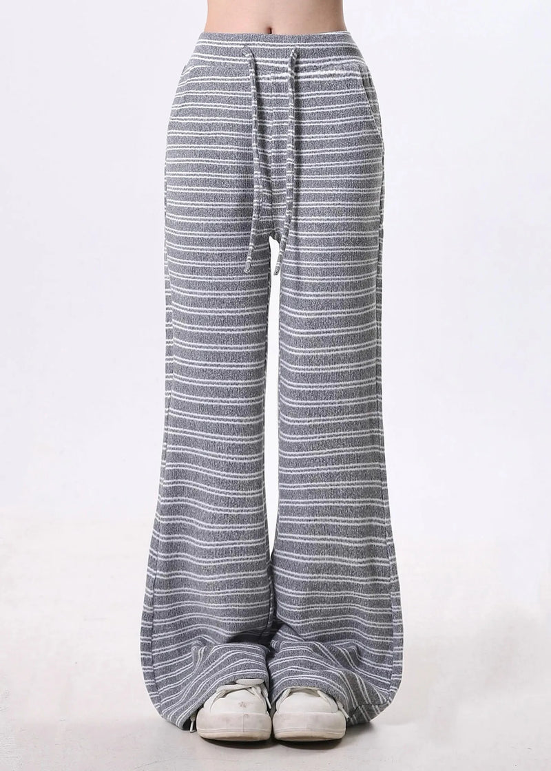 Grey Striped Cotton Bell-bottom Trousers Spring