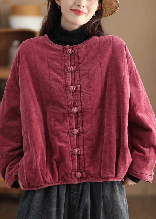 Red O Neck Chinese Button Corduroy Fine Cotton Filled Jacket Winter