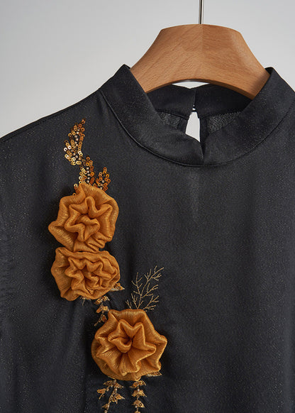 Black Embroidered Decorated Silk Vest Sleeveless
