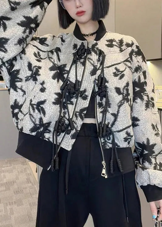 French O-neck Zippered Print Coats Long Sleeve