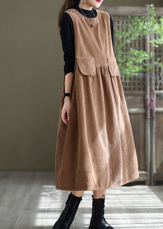 Loose Light Orange O-neck Patchwork Corduroy Party Dress Sleeveless Spring