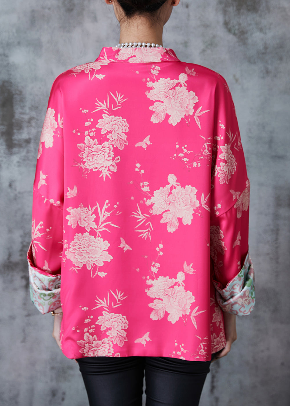 Art Rose Oversized Print Silk Wear on Both Sides Jackets Spring