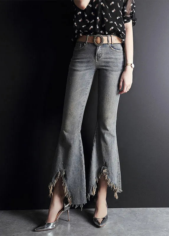 Light Blue Asymmetrical Pockets Cotton Denim Flare Pants Summer